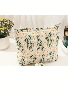 1pc Fresh And Simple Daisy Embroidered Cosmetic Bag For Women, Simple And Portable Pencil Case With Large Capacity Makeup Brushes Storage - Multicolor - View 7