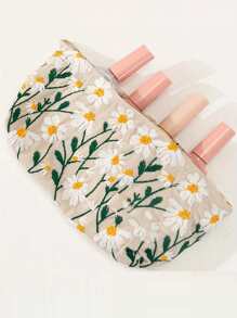 1pc Fresh And Simple Daisy Embroidered Cosmetic Bag For Women, Simple And Portable Pencil Case With Large Capacity Makeup Brushes Storage - Multicolor - View 5