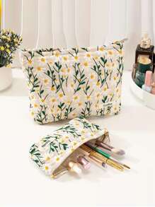 1pc Fresh And Simple Daisy Embroidered Cosmetic Bag For Women, Simple And Portable Pencil Case With Large Capacity Makeup Brushes Storage - Multicolor - View 2
