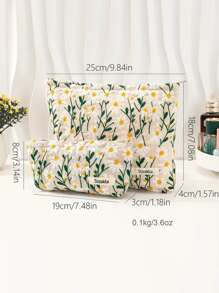 1pc Fresh And Simple Daisy Embroidered Cosmetic Bag For Women, Simple And Portable Pencil Case With Large Capacity Makeup Brushes Storage - Multicolor - View 3