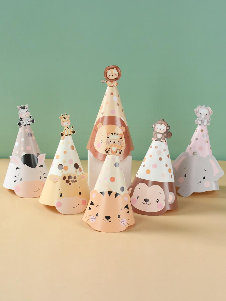 6入組叢林動物主題紙質派對帽，擁有各式派對用品的野生動物主題帽，完美裝飾生日派對，派對照片道具