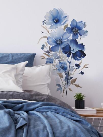 1 件蓝色水彩花卉墙贴，贴纸，墙贴花，乙烯基贴花，用于家居装饰，春季装饰品让您的家焕然一新，Rama 装饰贴纸