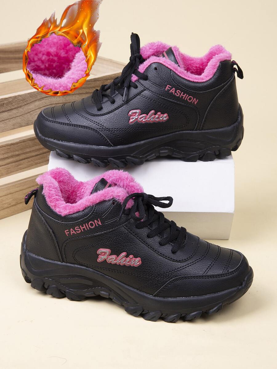 冬天厚防水台爸爸鞋帶字母圖案和繫帶 - 黑色 - 查看 1