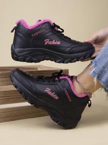 冬天厚防水台爸爸鞋帶字母圖案和繫帶 - 黑色 - 查看 4