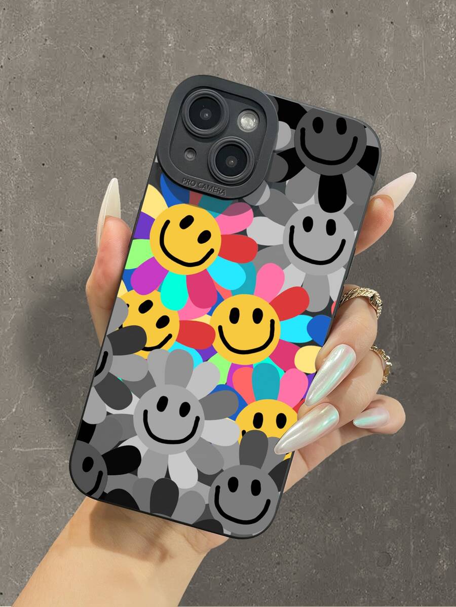 1 个眼睛设计黑色保护软壳，带有花卉和笑脸印花防震手机壳，兼容 Iphone 11/12/13/14/6/6s/6plus/7/8/Se/7plus/8plus/X/Xs Max/Xr/11pro/12pro/13pro/14pro/12mini/13mini/11promax/12promax/13promax/14promax/14plus，[男女皆宜] - 黑色 - 查看 1
