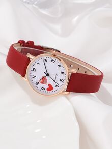 4入組時尚女式紅色pu帶彩虹心形圖案石英手錶,附有彩色手鐲,適用於日常穿著和裝飾 - 紅色 - 查看 2