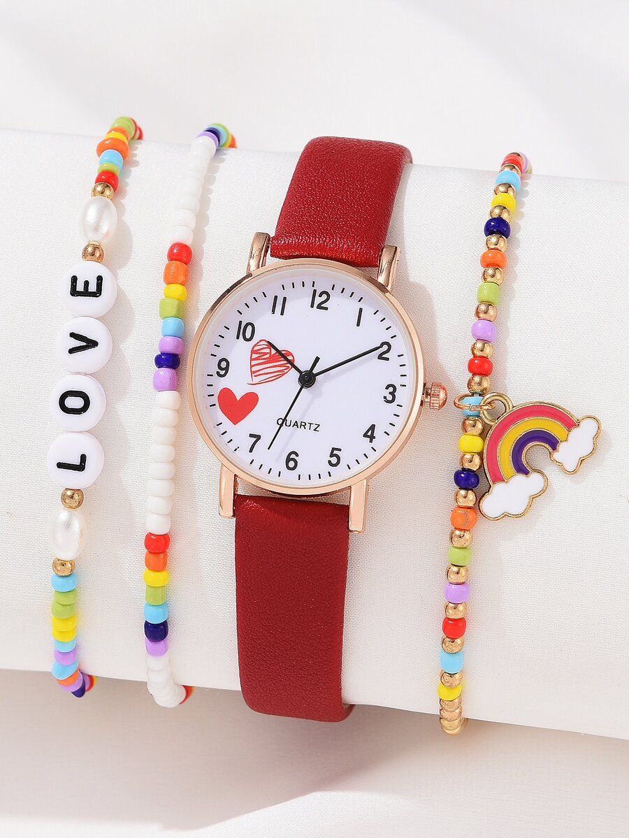 4入組時尚女式紅色pu帶彩虹心形圖案石英手錶,附有彩色手鐲,適用於日常穿著和裝飾 - 紅色 - 查看 1