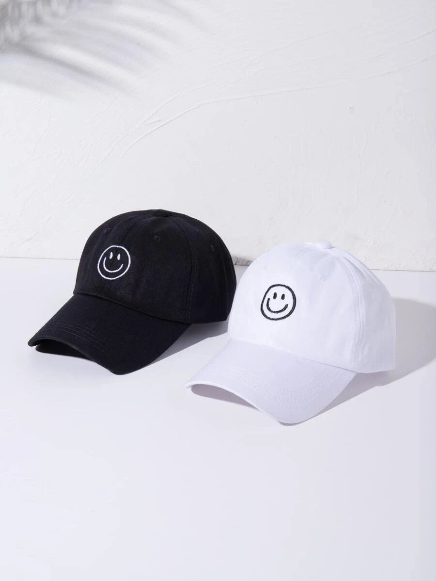 2pcs Men's Embroidered Baseball Cap, Outdoor Smile Face Baseball Cap - Black and White - View 1