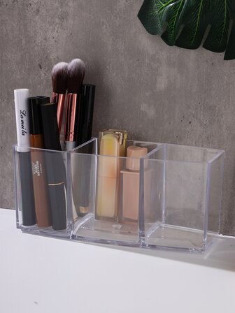 亞克力透明3線格筆筒大容量桌面收納適用於化妝刷,眉筆