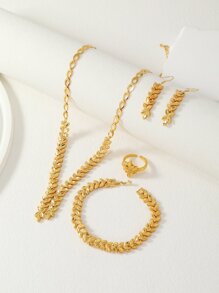時尚銅質女士珠寶套裝,包括1條項鍊、1對耳環、1個手鐲和1個戒指 - 金黃色 - 查看 1