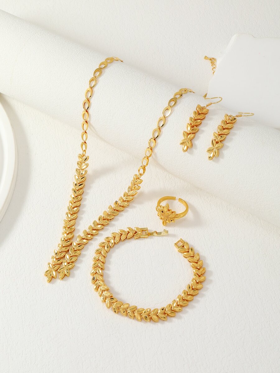時尚銅質女士珠寶套裝,包括1條項鍊、1對耳環、1個手鐲和1個戒指 - 金黃色 - 查看 1