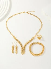 時尚銅質女士珠寶套裝,包括1條項鍊、1對耳環、1個手鐲和1個戒指 - 金黃色 - 查看 2
