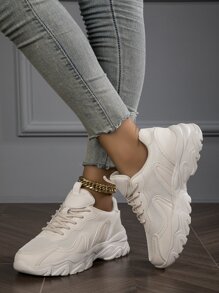 新款米色增高網布透氣女款爸爸鞋,時尚,舒適,吸震,防滑,防臭,適合跑步,黑色耐磨 - 米色 - 查看 2