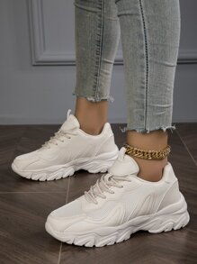 新款米色增高網布透氣女款爸爸鞋,時尚,舒適,吸震,防滑,防臭,適合跑步,黑色耐磨 - 米色 - 查看 3