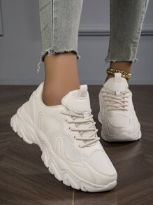 新款米色增高網布透氣女款爸爸鞋,時尚,舒適,吸震,防滑,防臭,適合跑步,黑色耐磨 - 米色 - 查看 1