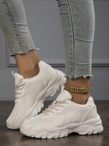 新款米色增高網布透氣女款爸爸鞋,時尚,舒適,吸震,防滑,防臭,適合跑步,黑色耐磨 - 米色 - 查看 5