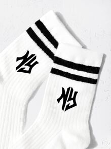 1pair Children's Solid Color Double Bar Sports Letter Mid Tube Socks Suitable For Daily Life - Black and White - View 2