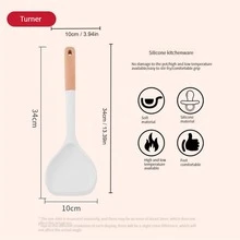 附帶木柄矽膠廚房餐具一份,含湯勺、鍋鏟及不粘平底鍋,適用於家居烹飪