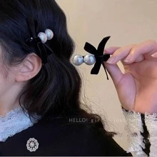 2 piezas de clips de pelo decorativos de piedra y perlas elegantes - Blanco y Negro - Ver 1