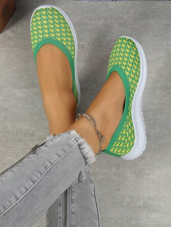 Women's Summer Green Knitted Casual Shoes, Autumn New Breathable Slip-resistant Soft Sole Sneakers, Comfortable Versatile Outdoor Flat Shoes
