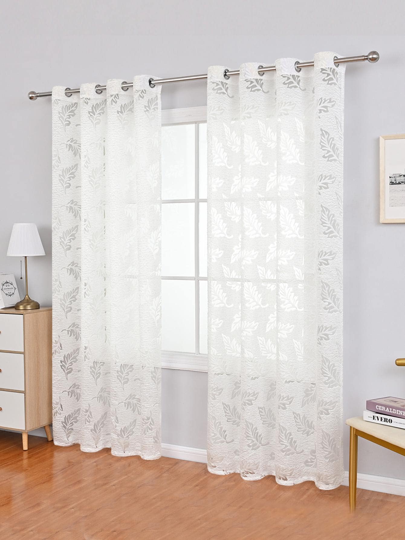 Leaf Design Single Panel Sheer Curtain, Modern Polyester Light