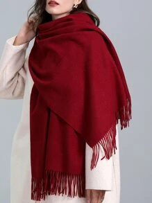 1pc Women's Solid Color Scarf, Thickened And Warm, Fringed Shawl With Cashmere Feel, Long Scarf, Red, Versatile And Stylish - Burgundy - View 3