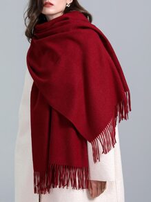 1pc Women's Solid Color Scarf, Thickened And Warm, Fringed Shawl With Cashmere Feel, Long Scarf, Red, Versatile And Stylish - Burgundy - View 1