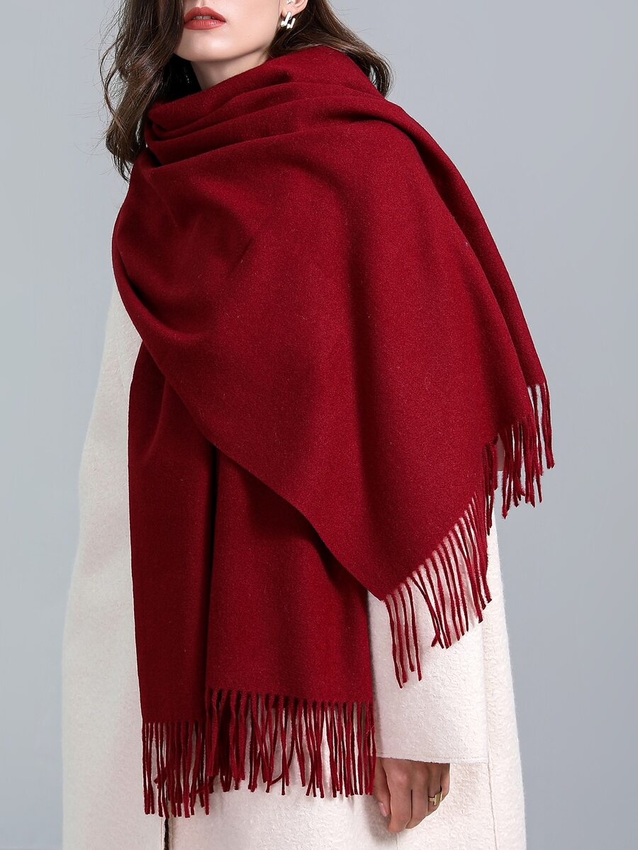 1pc Women's Solid Color Scarf, Thickened And Warm, Fringed Shawl With Cashmere Feel, Long Scarf, Red, Versatile And Stylish - Burgundy - View 1