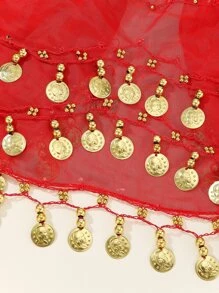 1入組女士多色金屬網肚皮舞腰裙,帶有人形裝飾,適用於舞台表演或作為聖誕禮物送給波西米亞風格的朋友 - 紅色 - 查看 4