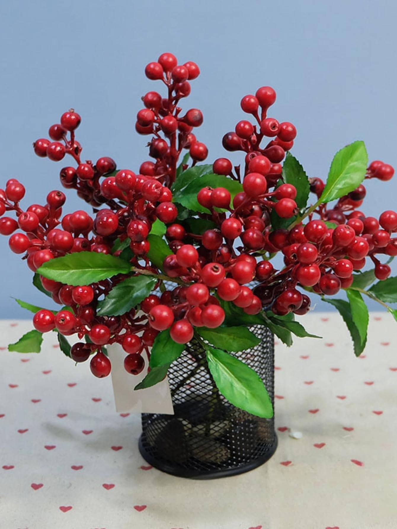 1Pc Red Artificial Berry Stems with Green Leaves Plastic Artificial