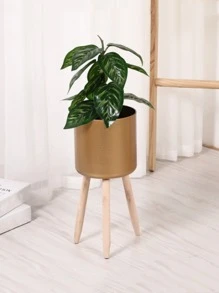1pc Iron Art Flower Pot With Green Plants In Nordic Style, Creative Iron Pot, Golden Circular Stand, Simple Floor Flower Container