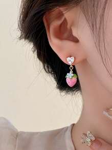 1 đôi Hình Dâu tây Tai Mặt dây chuyền Dát Với Kim cương giả , Màu hồng , Thanh lịch Và Duy nhất , Tươi Phong cách - Nhiều màu - Xem 2