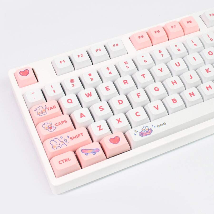 XDA High Spherical Mechanical Keyboard Keycaps - PBT Material, Sublimation Process, Heat Transfer Printing, Cartoon Rabbit Theme, Love Anime Element Pattern, 129 Keys Universal Keyboard Cap Gift Set with Key Puller & Storage Box (Pink) - XDA Heights - Pink Steam Bunny - 129 Pieces - View 1