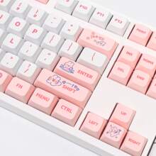 XDA High Spherical Mechanical Keyboard Keycaps - PBT Material, Sublimation Process, Heat Transfer Printing, Cartoon Rabbit Theme, Love Anime Element Pattern, 129 Keys Universal Keyboard Cap Gift Set with Key Puller & Storage Box (Pink) - XDA Heights - Pink Steam Bunny - 129 Pieces - View 3