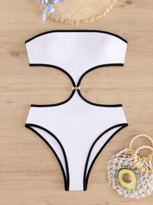 女式拼色连体泳衣，带无肩带比基尼款式上衣，修身夏季 - 白色 - 查看 2