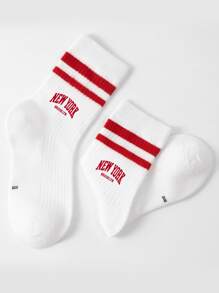 1pr Children's Double-Bar Letter Design Athletic Mid-Calf Socks, Casual Wear - Multicolor - View 2