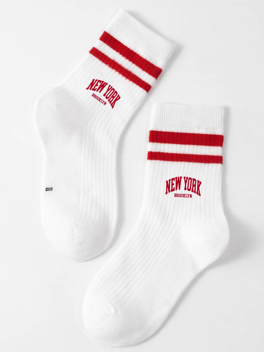 1pr Children's Double-Bar Letter Design Athletic Mid-Calf Socks, Casual Wear - Multicolor - View 1