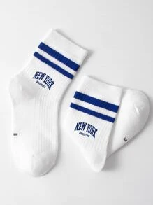 1pair Kids' Double Bar Letter Printed Sports Mid-Calf Length Socks, Suitable For Daily Outfits - Multicolor - View 2