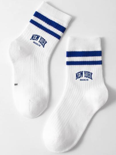 1pair Kids' Double Bar Letter Printed Sports Mid-Calf Length Socks, Suitable For Daily Outfits
