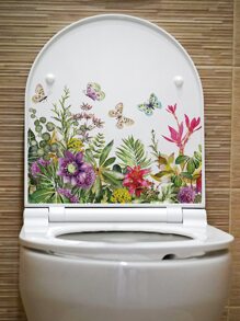1 pieza Tapa del inodoro Pegatina casa Decoración con con flor y mariposa patrón - Multicolor - Ver 3