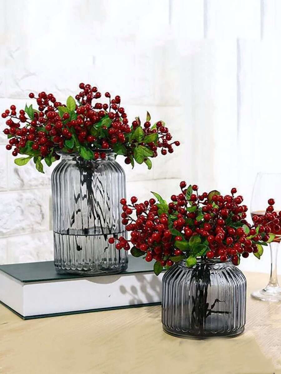 1Pc Red Artificial Berry Stems with Green Leaves Plastic Artificial