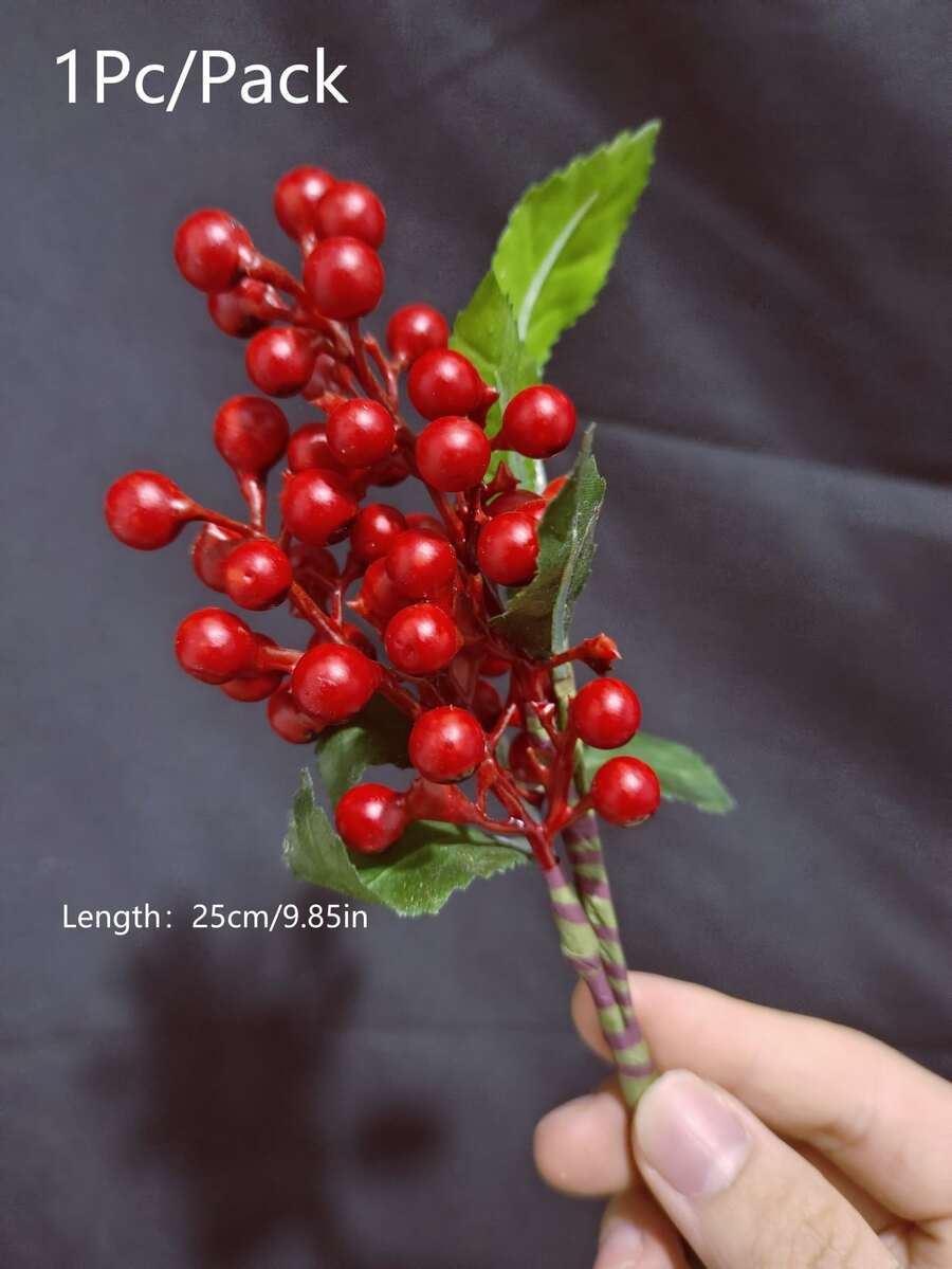 1Pc Red Artificial Berry Stems with Green Leaves Plastic Artificial