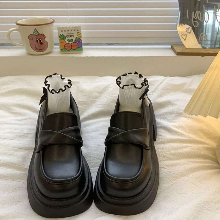 Của phụ nữ Đáng yêu Khuôn viên đại học Phong cách Đen Xoắn Nút Nêm Gót chân Nền tảng Giày dép - màu đen - Xem 1