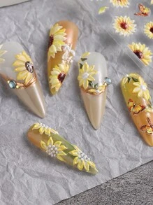 5D向日葵美甲貼紙秋季設計，花卉蝴蝶蜜蜂美甲貼花，自粘浮雕滑片美甲裝飾，女性女友禮物DIY美甲設計 - 彩色 - 查看 6