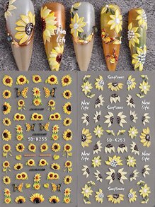 5D向日葵美甲貼紙秋季設計，花卉蝴蝶蜜蜂美甲貼花，自粘浮雕滑片美甲裝飾，女性女友禮物DIY美甲設計 - 彩色 - 查看 2