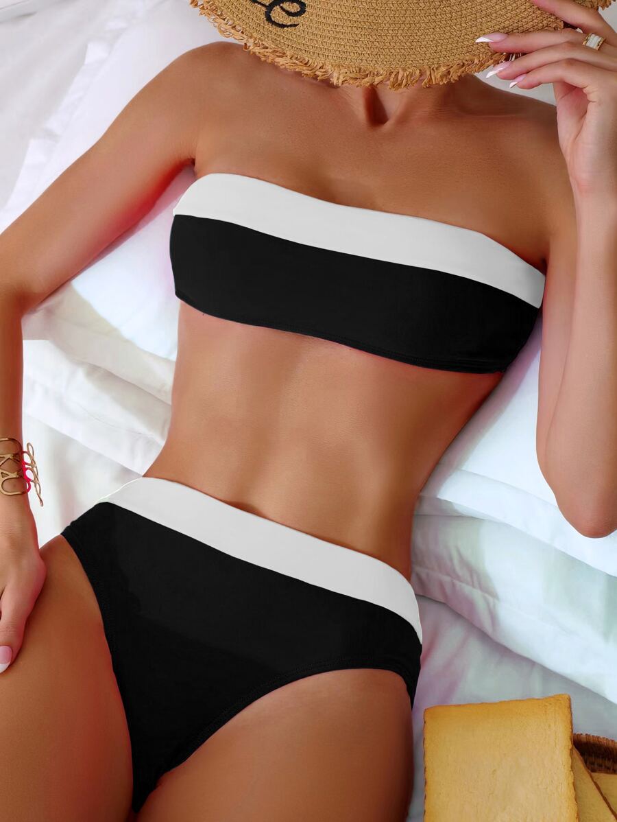 Conjunto de bikini de mujer, dos piezas, bloqueo de color, sin tirantes, sexy de verano - Blanco y Negro - Ver 1