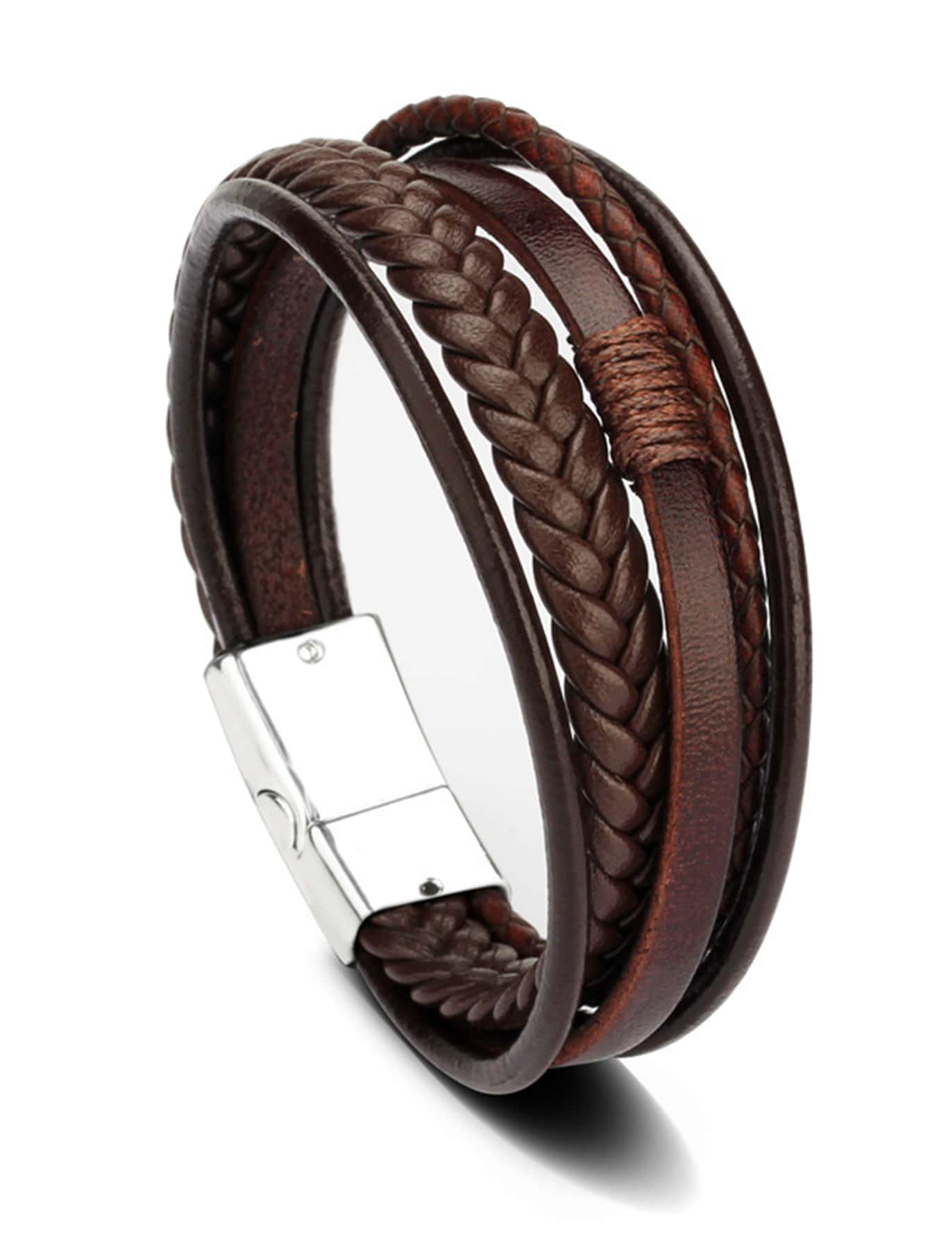 白扣男士棕色皮革手鍊