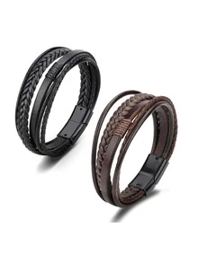 白扣男士棕色皮革手鍊