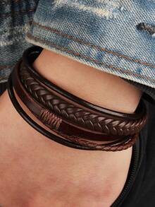 白扣男士棕色皮革手鍊