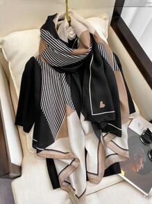 1pc Black Striped Plaid Scarf Elegant - Black - View 1